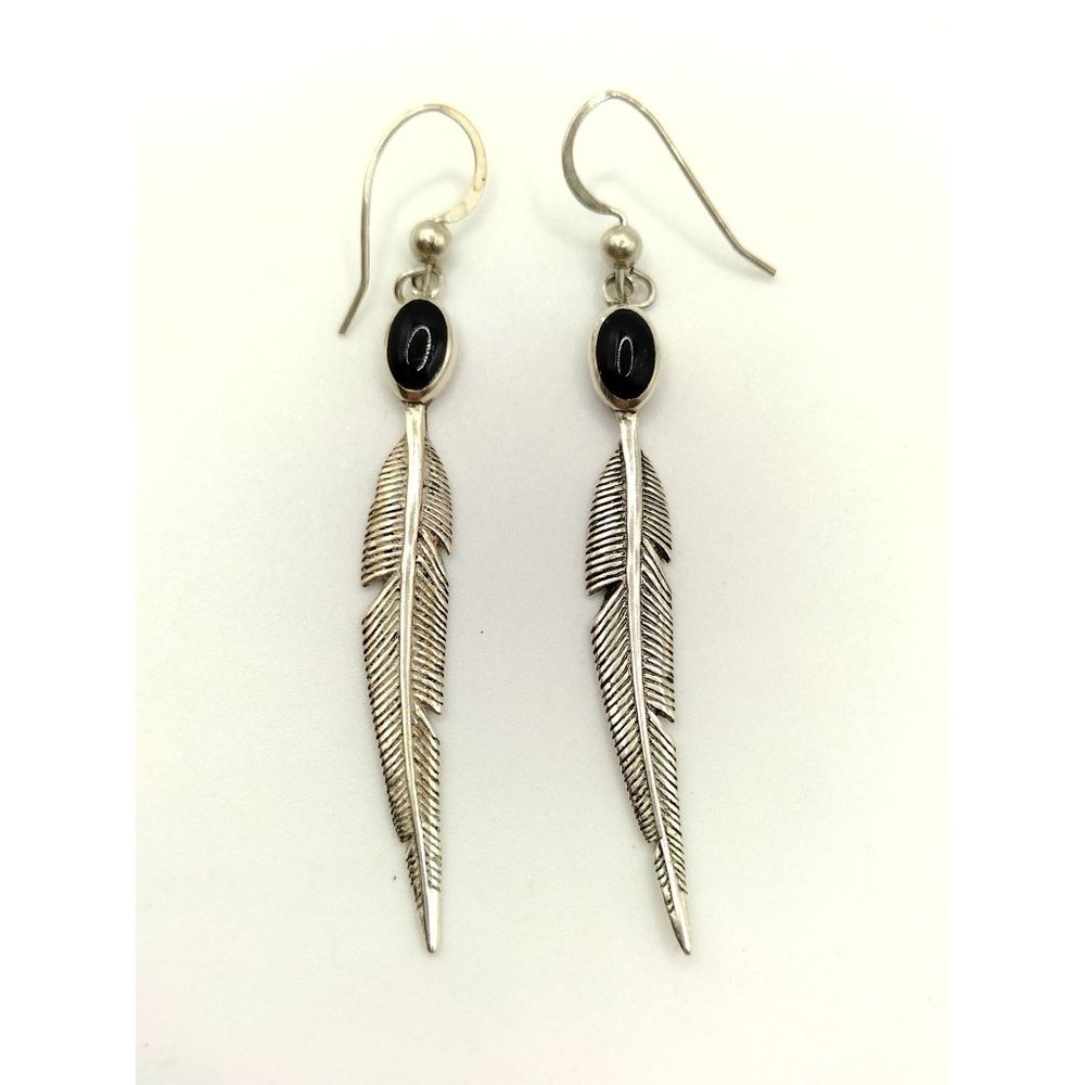 Sterling Silver Vintage SC Stamped Navajo Onyx & Feather Earrings